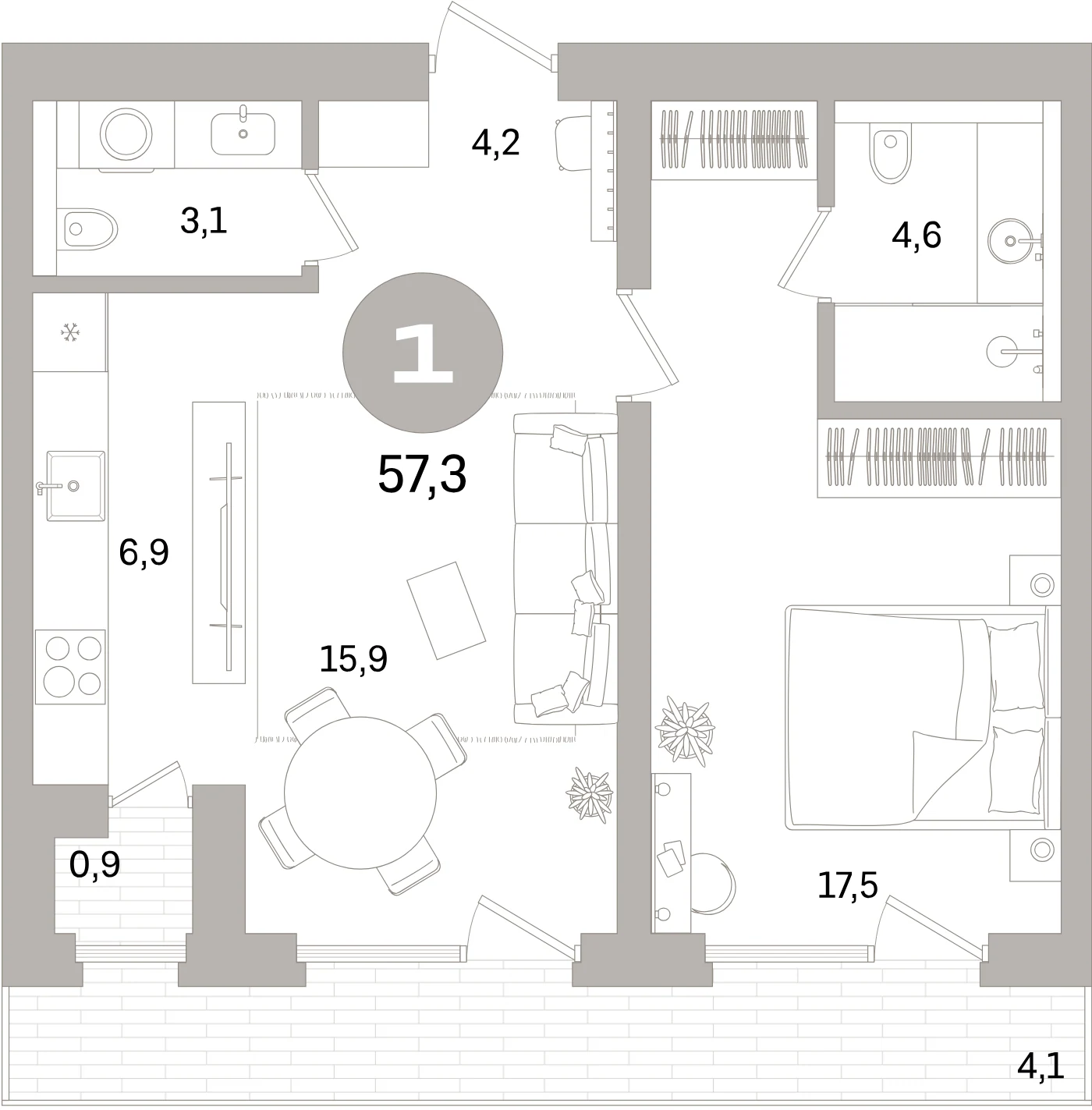 Планировка 2-комнатная 57,3 м² в жилом квартале «Северный ветер» — Жилой квартал «Северный ветер»