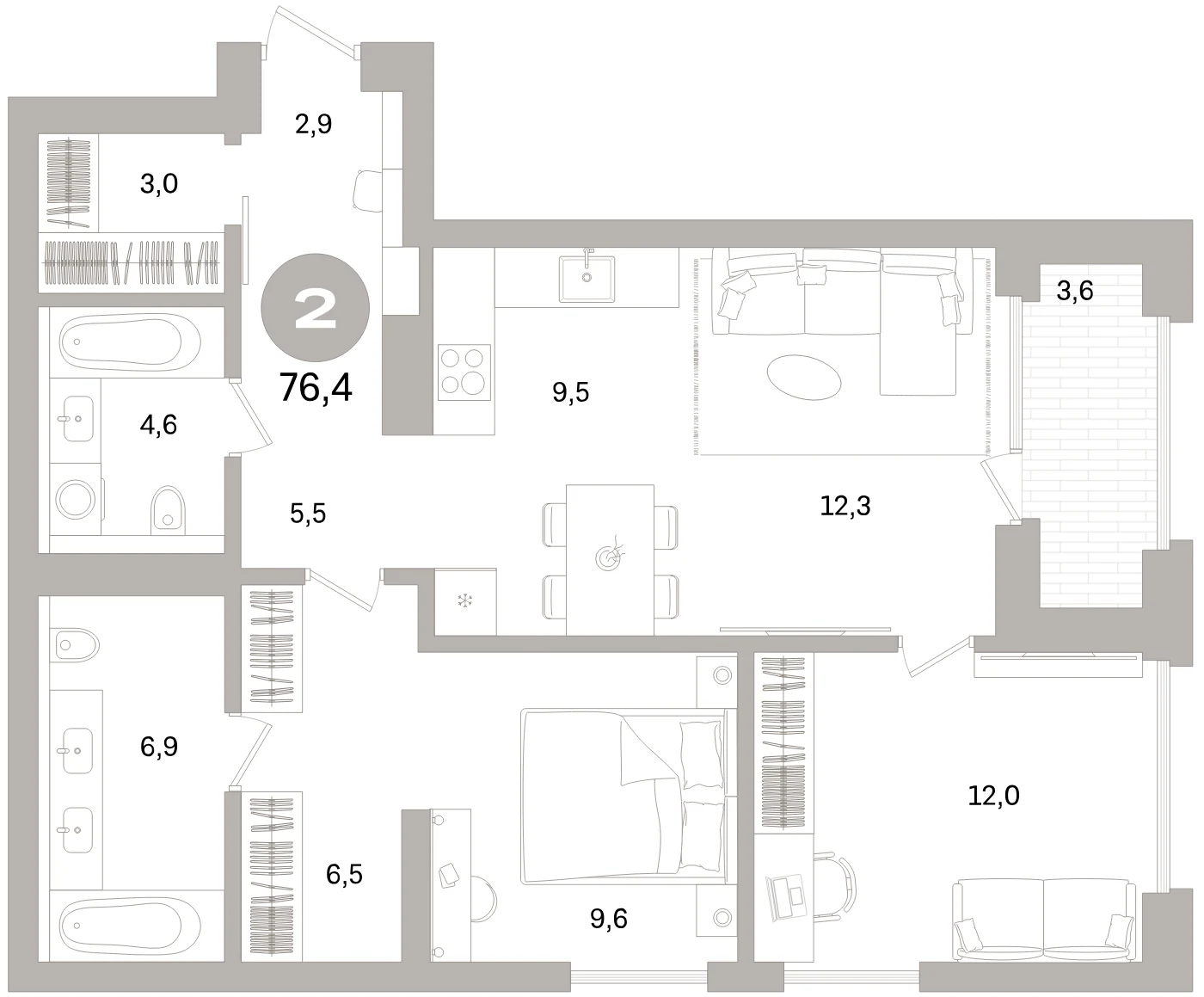 Планировка 3-комнатная 76,4 м² в жилом квартале «Северный ветер» — Жилой квартал «Северный ветер»